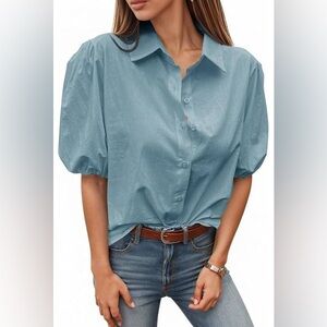 NWOT - Tankaneo - Women's Button Down Short Puff Sleeve Shirts, Bluish Gray